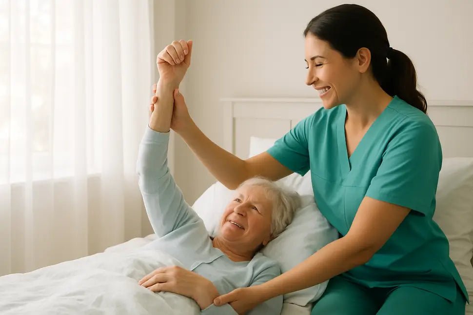 Caring healthcare worker helping senior patient with gentle bed exercises