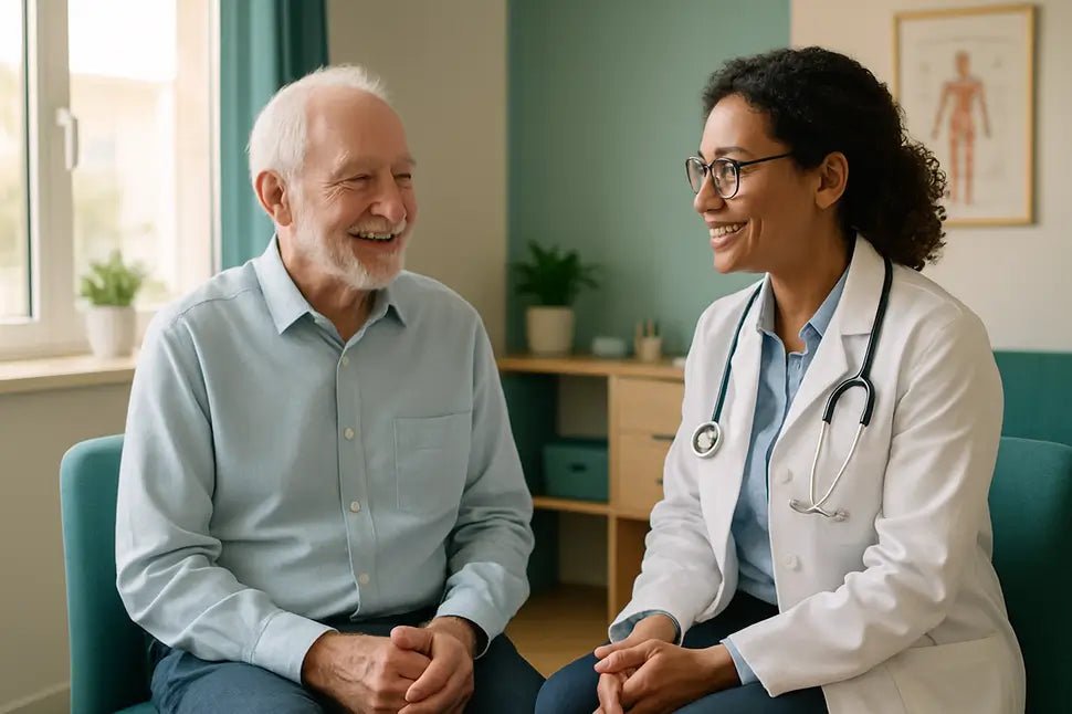 Senior man having a positive consultation with his doctor in a bright medical office