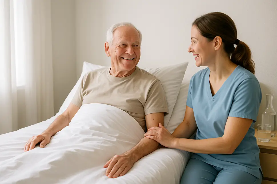 Caregiver supporting an older adult with cushions and water to prevent bedsores.