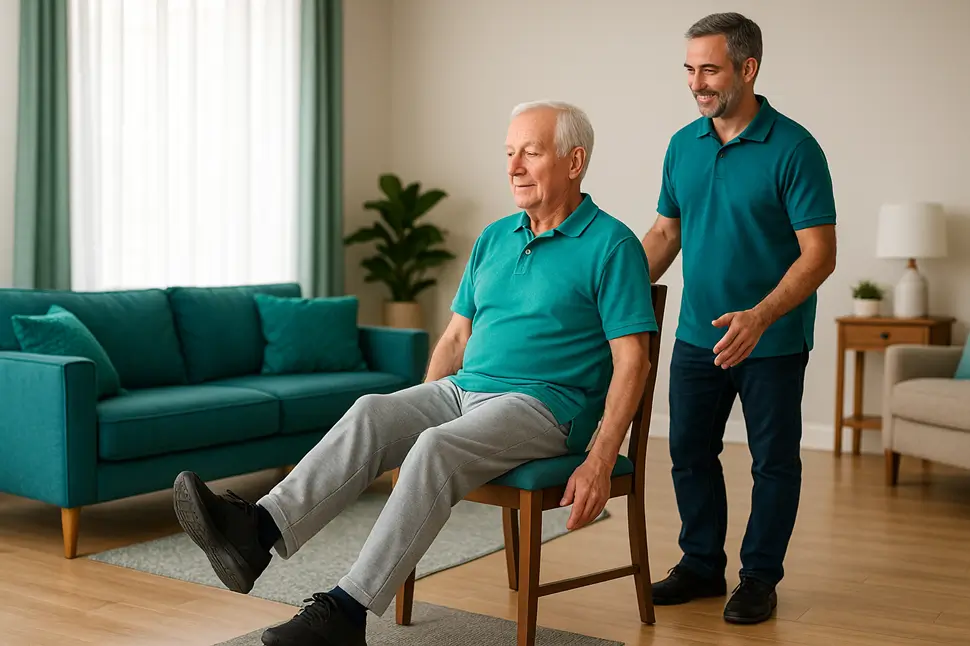 Older adult doing gentle chair exercises to improve circulation and reduce bedsore risk.