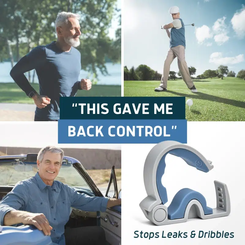 Active men using Lunderg Bell Clamp for leak control and confidence during daily activities like running, golfing, and driving