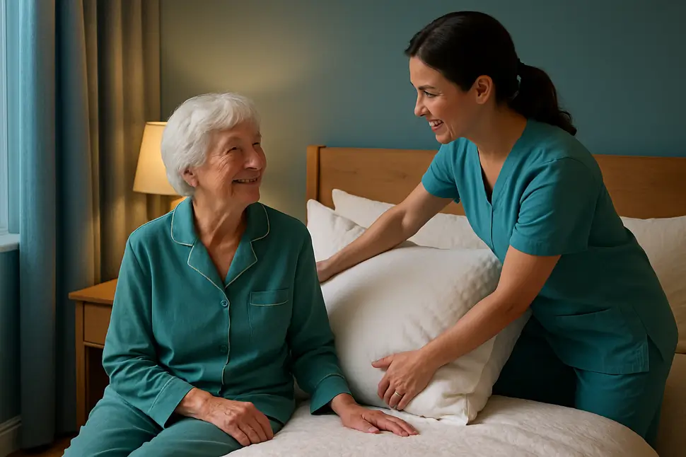Caring caregiver helping elderly woman prepare for bedtime in a peaceful bedroom setting